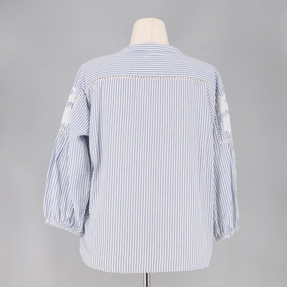 MAISON 123 PARIS Blue Striped V-Neck White Embroidery Flowy Blouse Size L - Picture 4 of 8